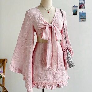 2 Piece Baby Pink Willow Print Wrap Tie Bell Sleeve Top & Ruffled Skirt Set